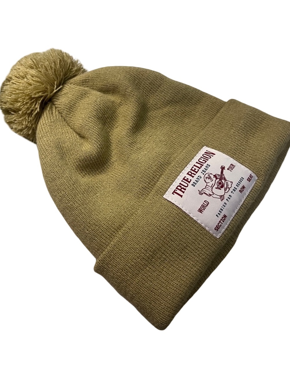 NWOT True Religion Tan Pom Pom Knit Beanie Hat Buddha Patch